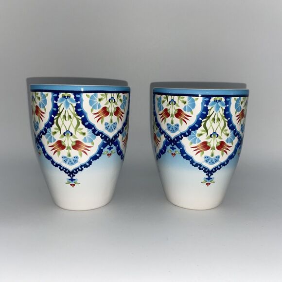 222 Fifth Tunisia Porcelain Floral Blue Coffee Cup Mug Set of 2 - Picture 6 of 10